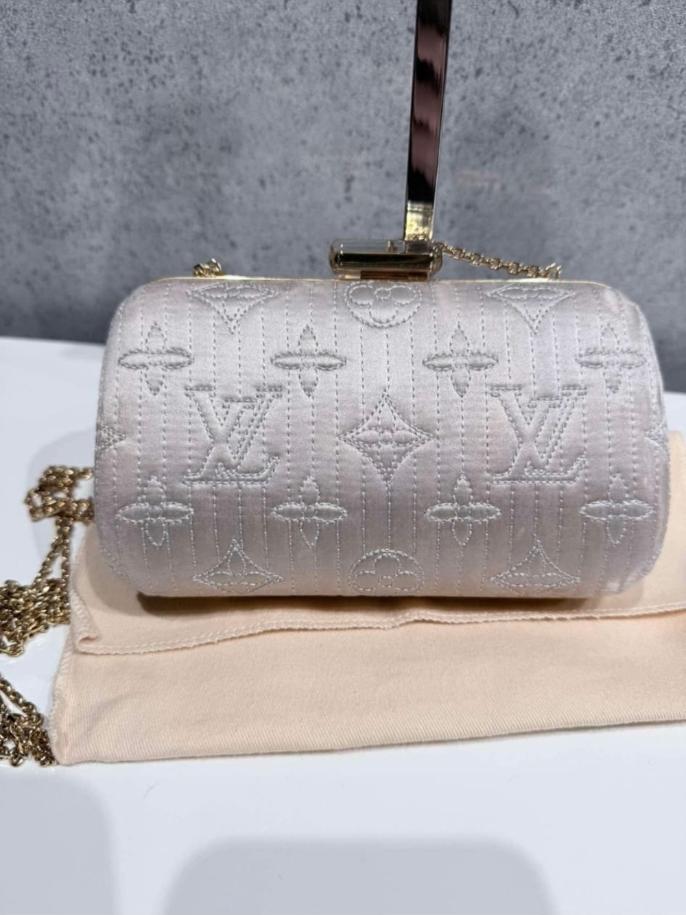 Louis Vuitton Cream Quilted Monogram Satin Cylinder Chain Bag